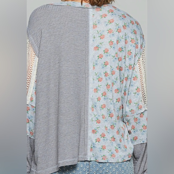 POL NWT Floral Patchwork Gray/Charcoal with floral Print Top. Poly/Cotton Blend - Picture 7 of 12